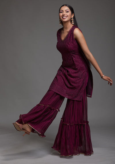 Wine Threadwork Semi Crepe Designer Salwar Suit-Koskii