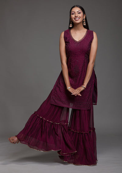 Wine Threadwork Semi Crepe Designer Salwar Suit-Koskii