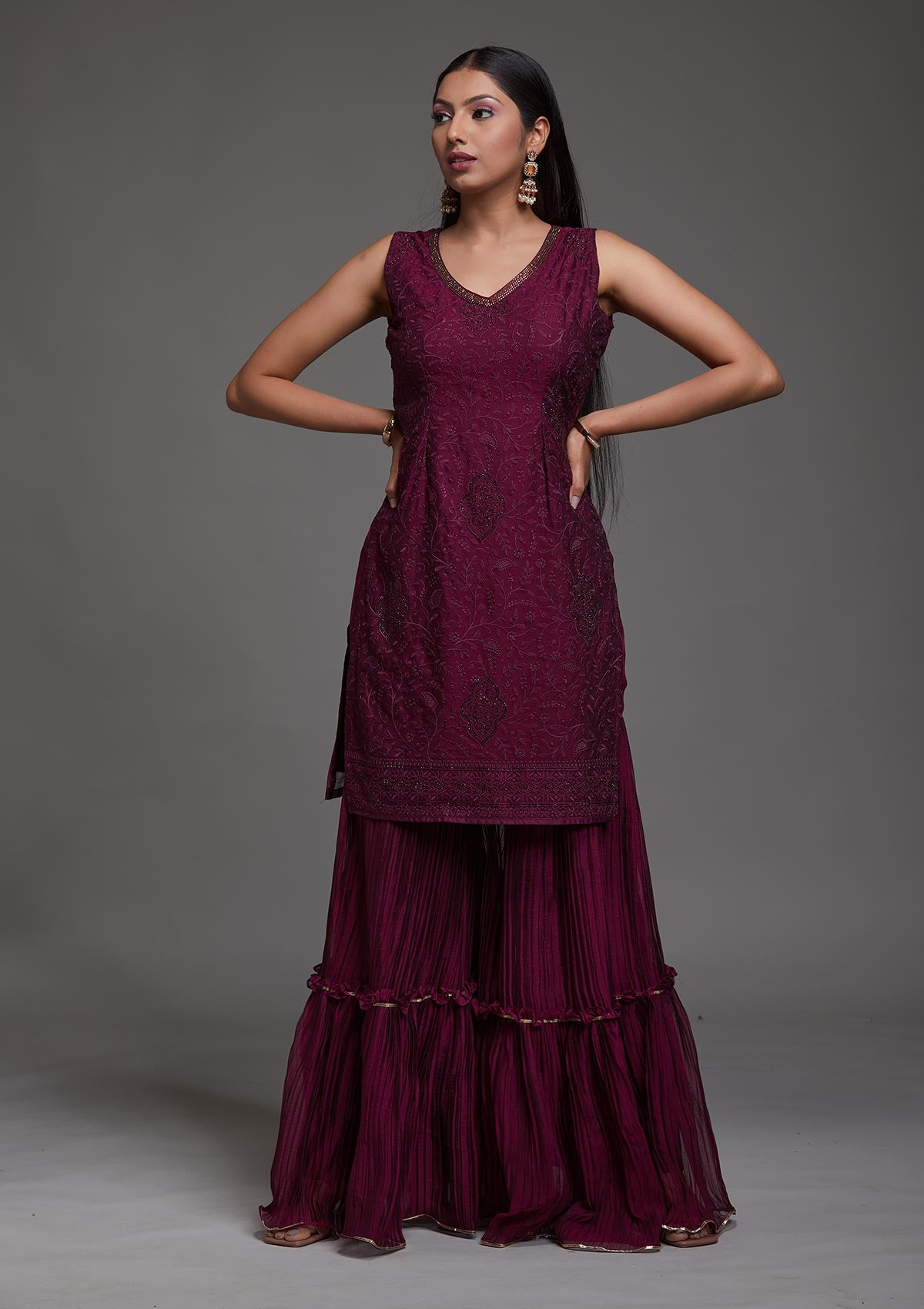 Wine Threadwork Semi Crepe Designer Salwar Suit-Koskii