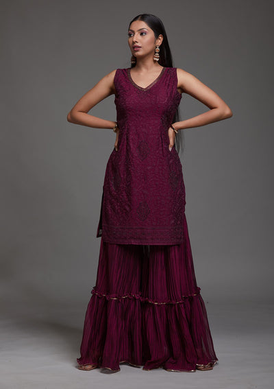 Wine Threadwork Semi Crepe Designer Salwar Suit-Koskii