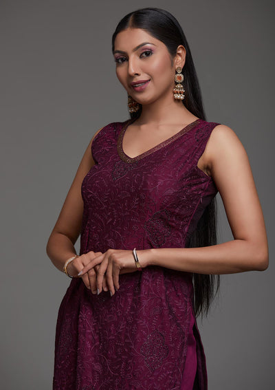 Wine Threadwork Semi Crepe Designer Salwar Suit-Koskii