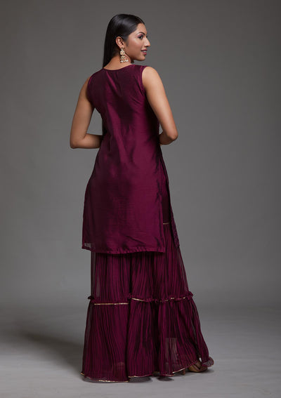 Wine Threadwork Semi Crepe Designer Salwar Suit-Koskii