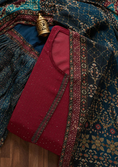 Wine Threadwork Georgette  Semi-Stitched Salwar Suit- Koskii