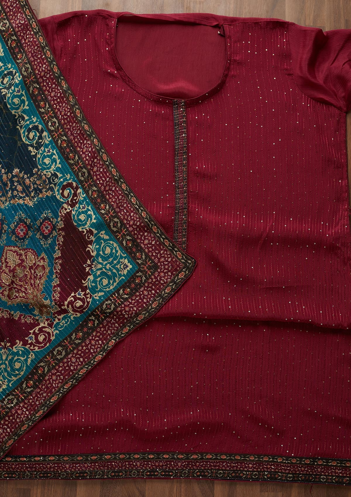 Wine Threadwork Georgette  Semi-Stitched Salwar Suit - Koskii