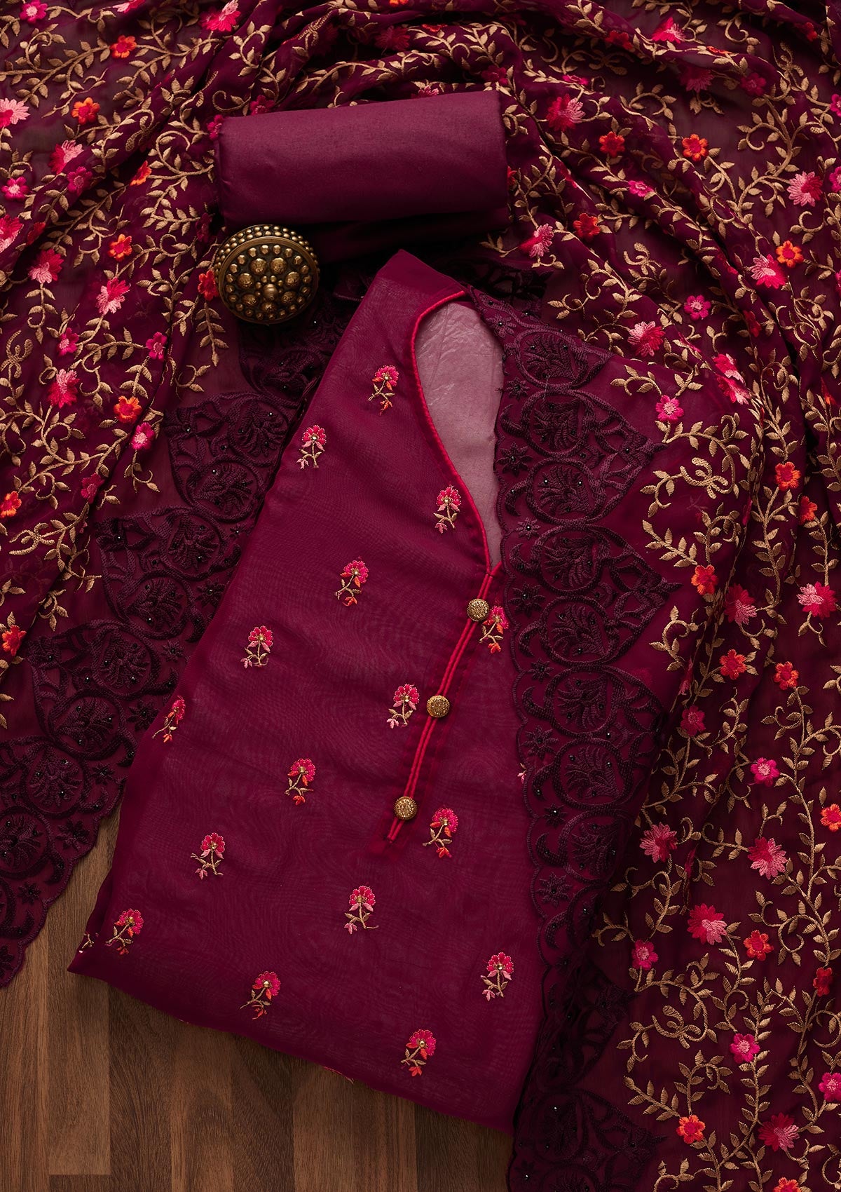 Wine Threadwork Georgette Designer Unstitched Salwar Suit - Koskii