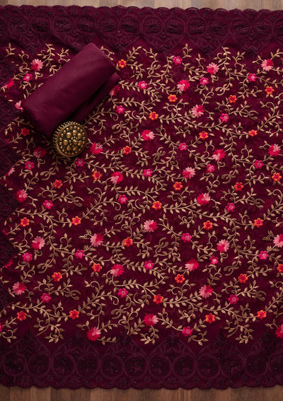 Wine Threadwork Georgette Designer Unstitched Salwar Suit - Koskii