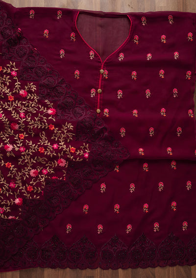 Wine Threadwork Georgette Designer Unstitched Salwar Suit - Koskii