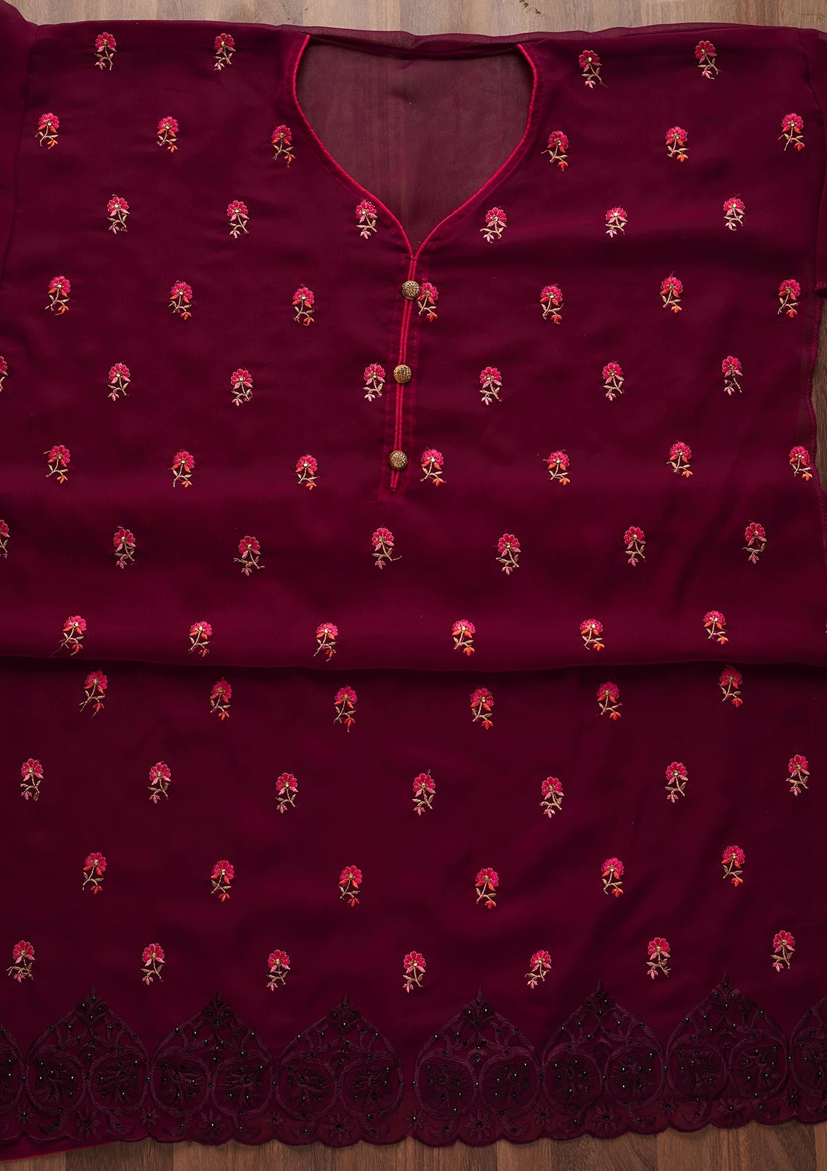 Wine Threadwork Georgette Designer Unstitched Salwar Suit - Koskii