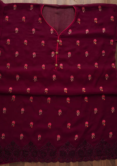 Wine Threadwork Georgette Designer Unstitched Salwar Suit - Koskii
