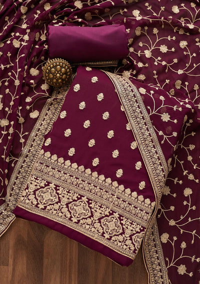 Wine Threadwork Georgette  Unstitched Salwar Suit- Koskii