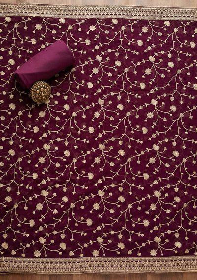 Wine Threadwork Georgette  Unstitched Salwar Suit - Koskii