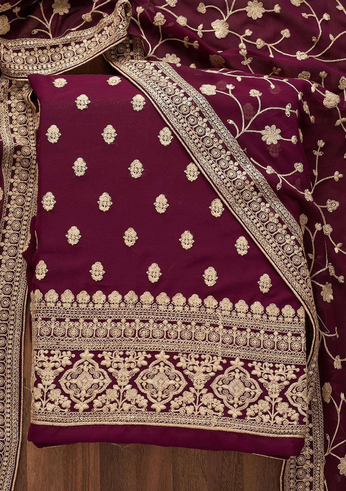 Wine Threadwork Georgette  Unstitched Salwar Suit - Koskii