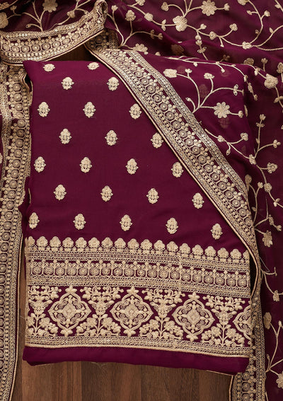 Wine Threadwork Georgette  Unstitched Salwar Suit - Koskii