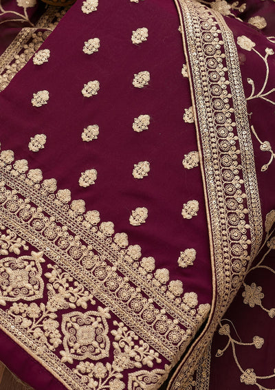 Wine Threadwork Georgette  Unstitched Salwar Suit - Koskii