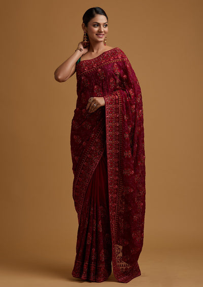 Wine Threadwork Georgette Designer Saree - koskii