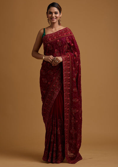 Wine Threadwork Georgette Designer Saree - koskii