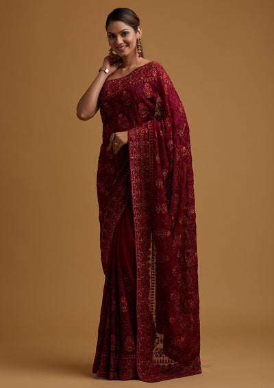 Wine Threadwork Georgette Designer Saree - koskii