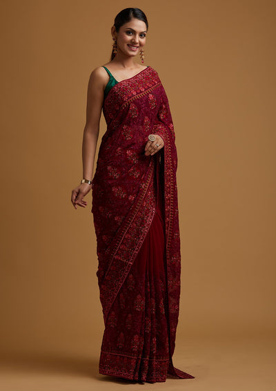 Wine Threadwork Georgette Designer Saree - koskii