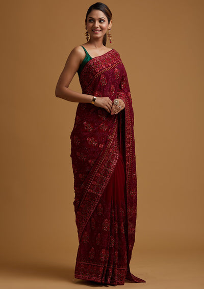 Wine Threadwork Georgette Designer Saree - koskii