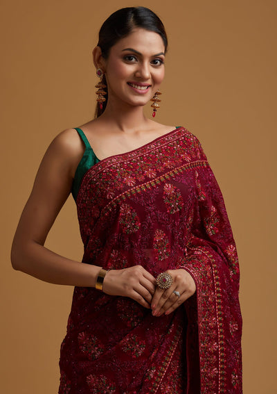 Wine Threadwork Georgette Designer Saree - koskii