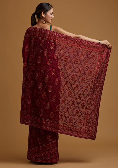 Wine Threadwork Georgette Designer Saree - koskii