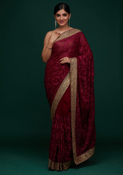 Wine Threadwork Georgette Designer Saree - Koskii
