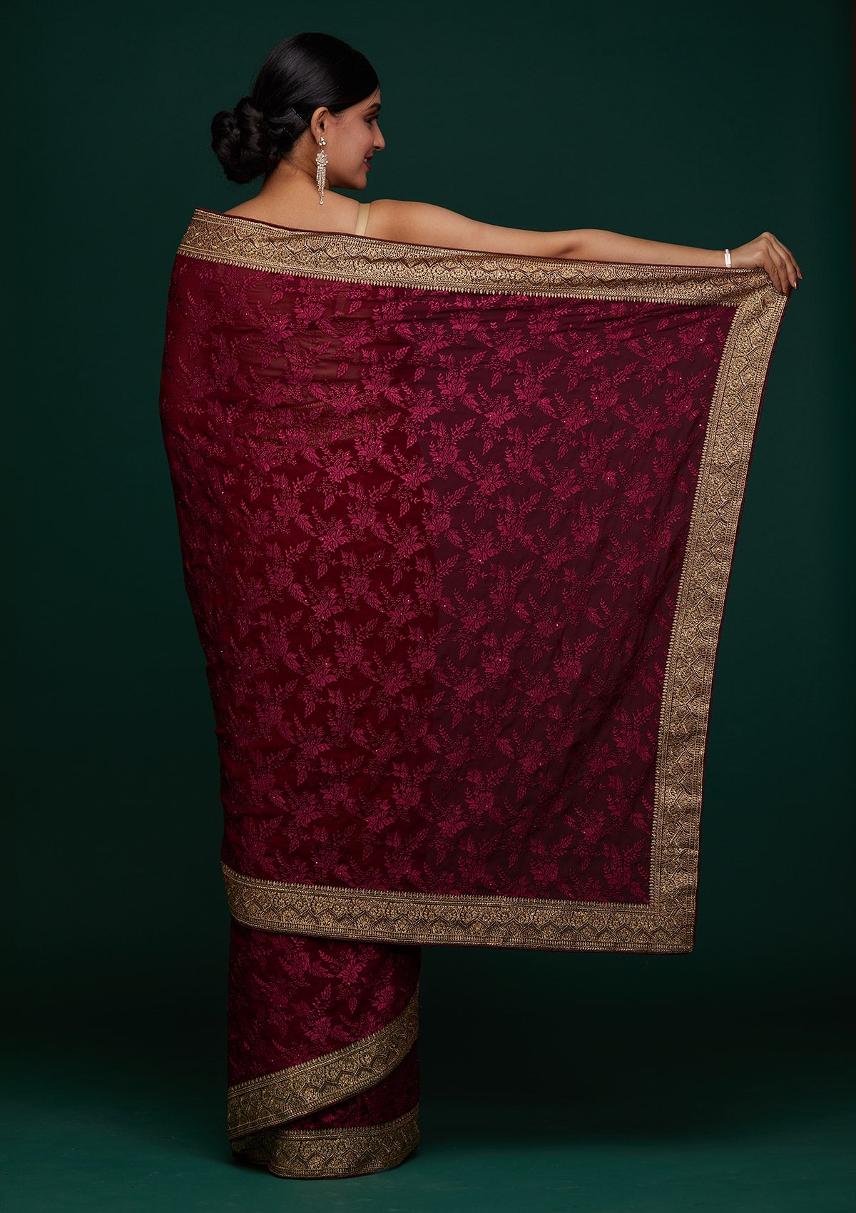 Wine Threadwork Georgette Designer Saree - Koskii