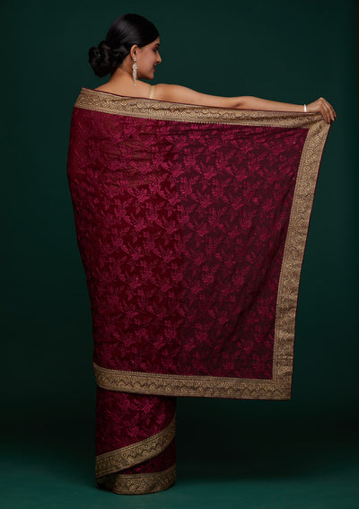 Wine Threadwork Georgette Designer Saree - Koskii