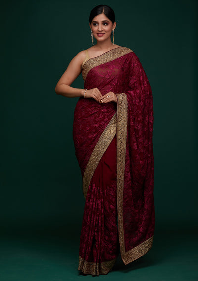 Wine Threadwork Georgette Designer Saree - Koskii