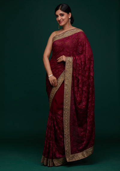 Wine Threadwork Georgette Designer Saree - Koskii