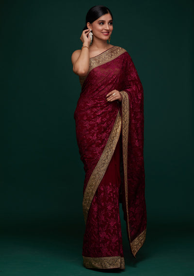 Wine Threadwork Georgette Designer Saree - Koskii