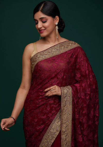 Wine Threadwork Georgette Designer Saree - Koskii