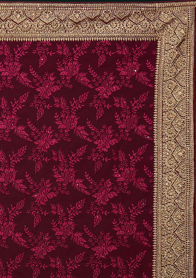 Wine Threadwork Georgette Designer Saree - Koskii