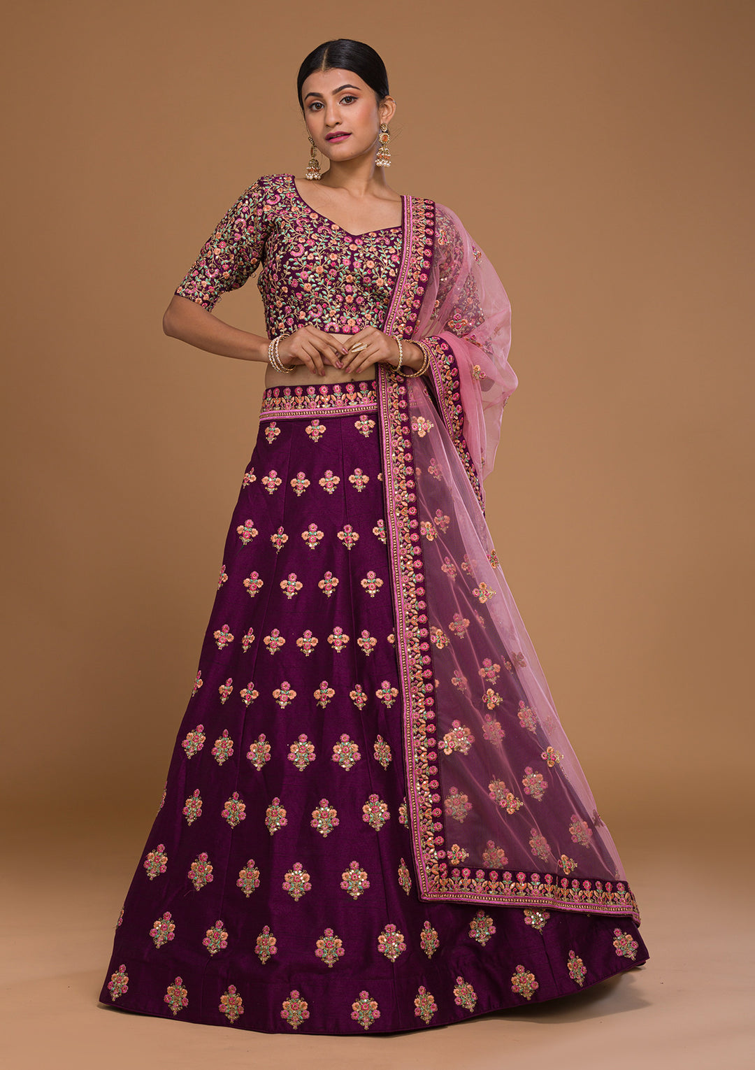 Wine Threadwork Raw Silk Designer Lehenga-Koskii