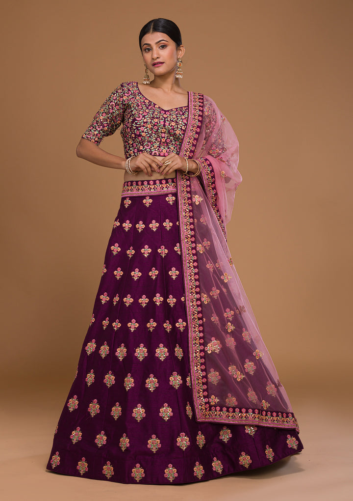 Wine Threadwork Raw Silk Designer Lehenga-Koskii