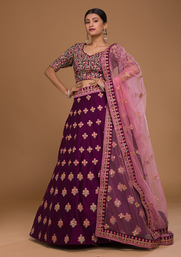 Wine Threadwork Raw Silk Designer Lehenga-Koskii