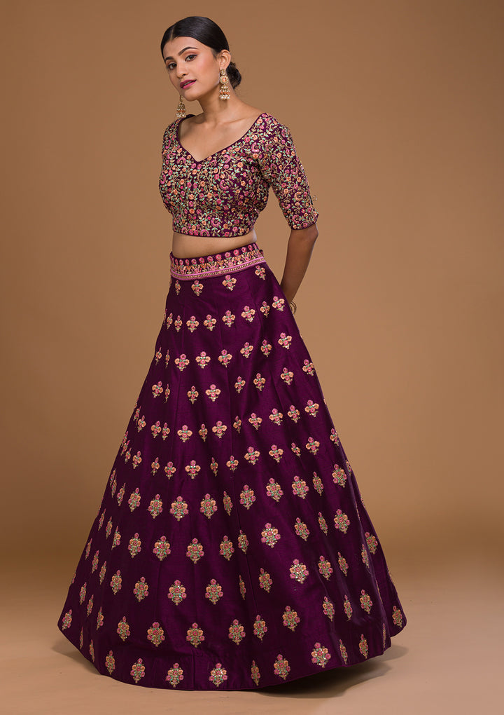 Wine Threadwork Raw Silk Designer Lehenga-Koskii
