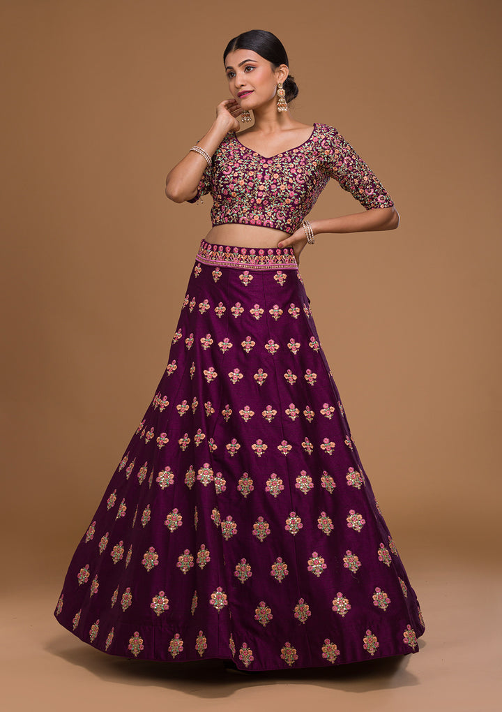 Wine Threadwork Raw Silk Designer Lehenga-Koskii