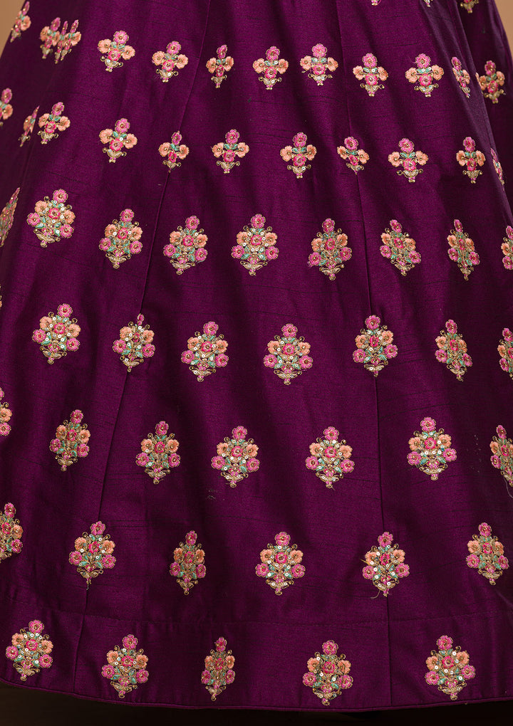 Wine Threadwork Raw Silk Designer Lehenga-Koskii
