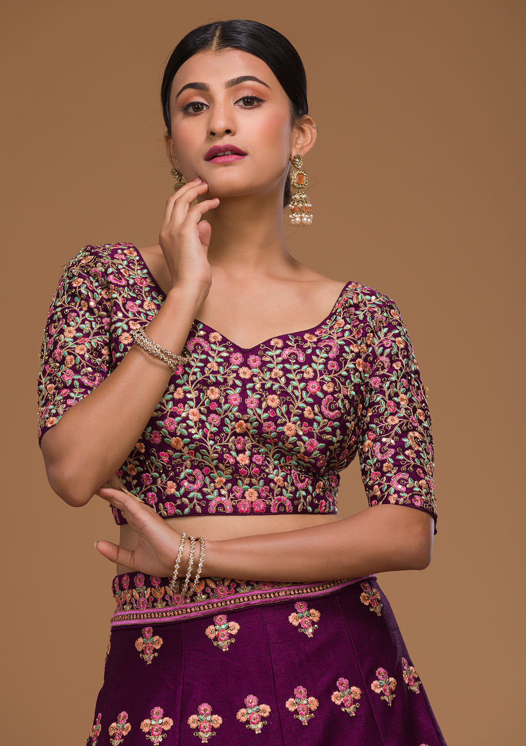 Wine Threadwork Raw Silk Designer Lehenga-Koskii