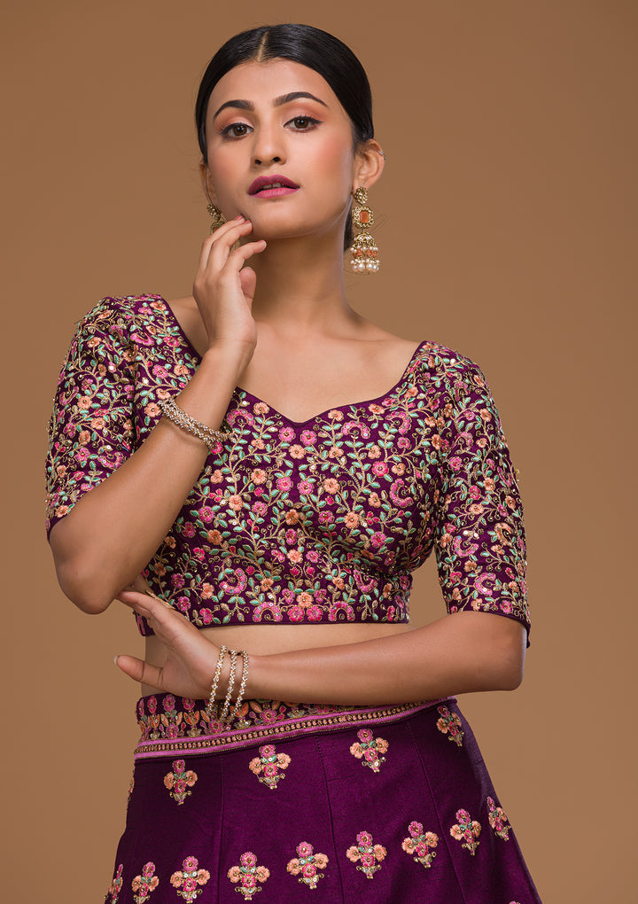 Wine Threadwork Raw Silk Designer Lehenga-Koskii