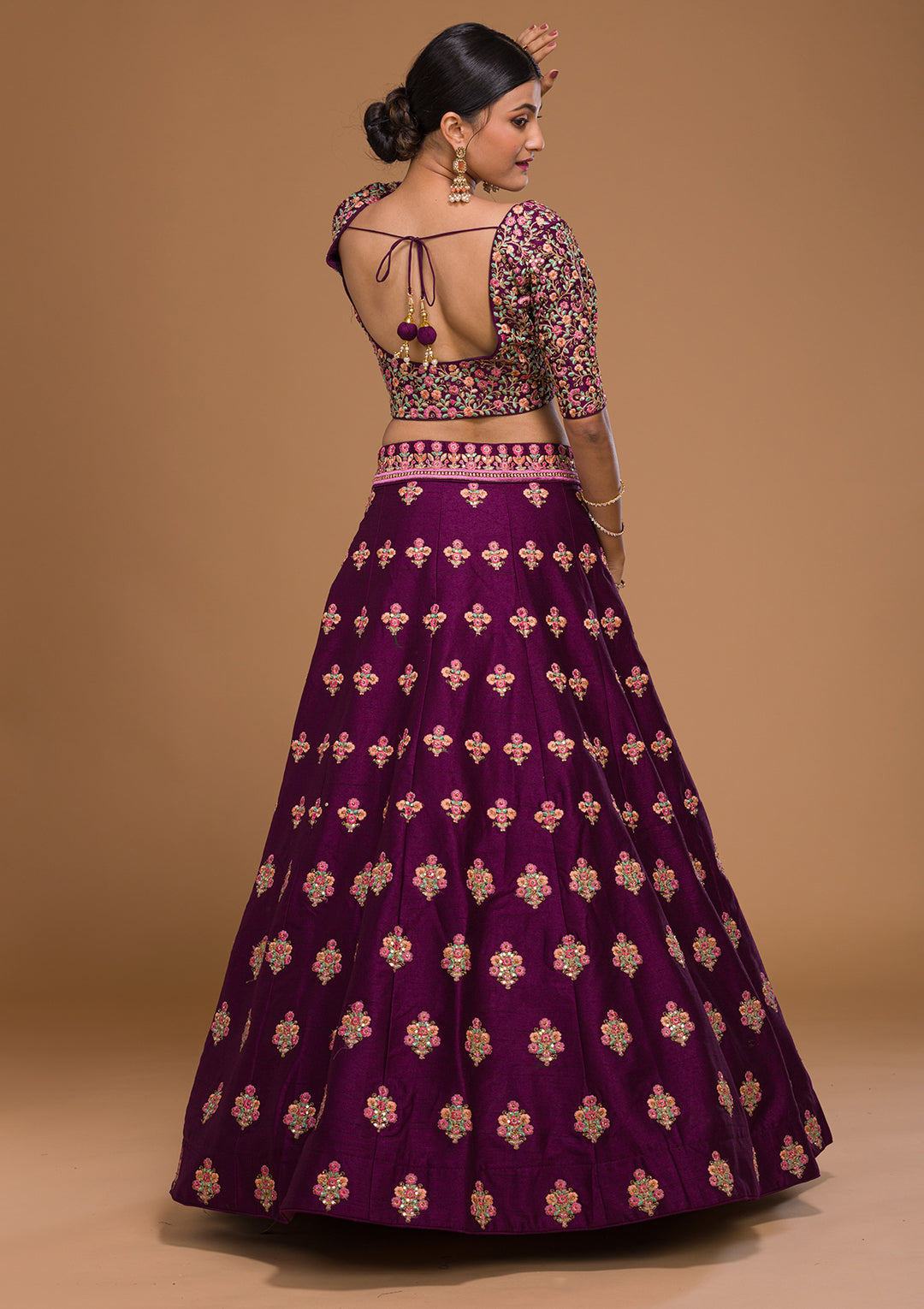 Wine Threadwork Raw Silk Designer Lehenga-Koskii