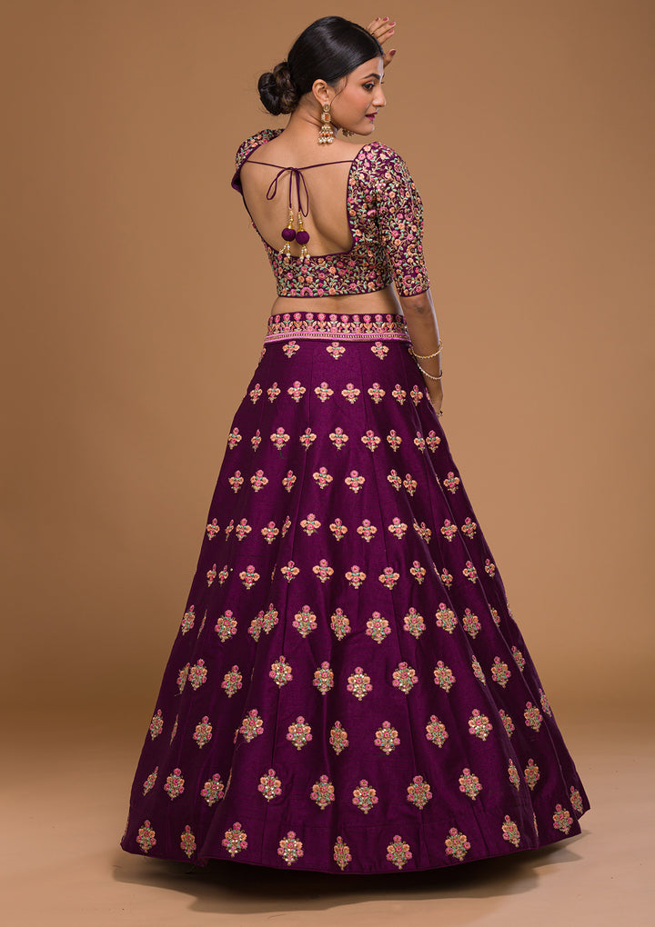 Wine Threadwork Raw Silk Designer Lehenga-Koskii