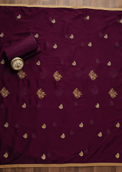 Wine Zariwork Art Silk Unstitched Salwar Suit-Koskii