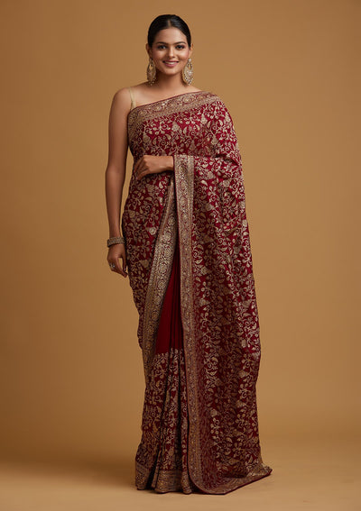 Wine Zariwork Art Silk Designer Saree - koskii