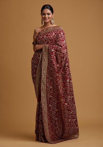 Wine Zariwork Art Silk Designer Saree - koskii