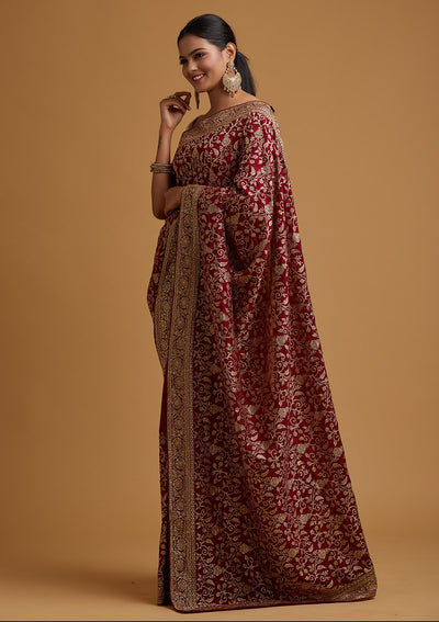 Wine Zariwork Art Silk Designer Saree - koskii