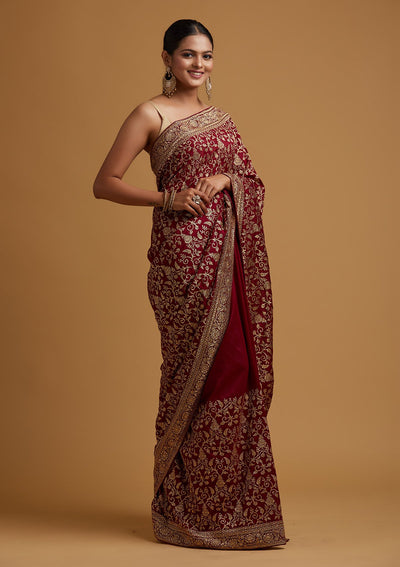 Wine Zariwork Art Silk Designer Saree - koskii
