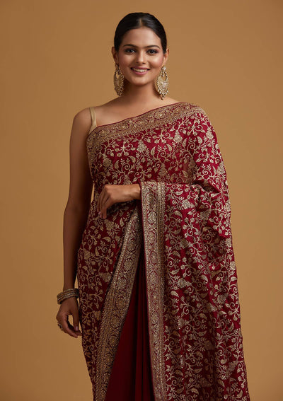 Wine Zariwork Art Silk Designer Saree - koskii