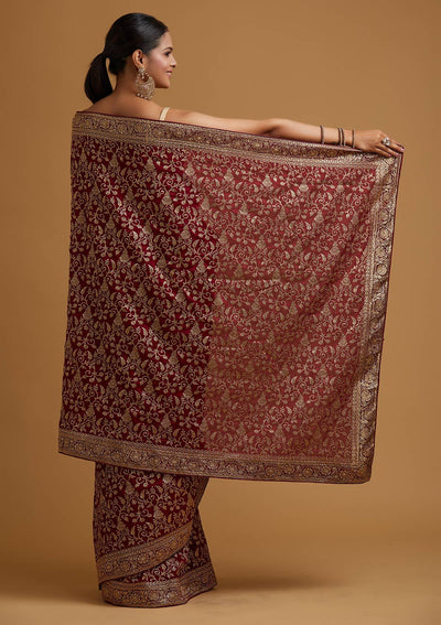 Wine Zariwork Art Silk Designer Saree - koskii